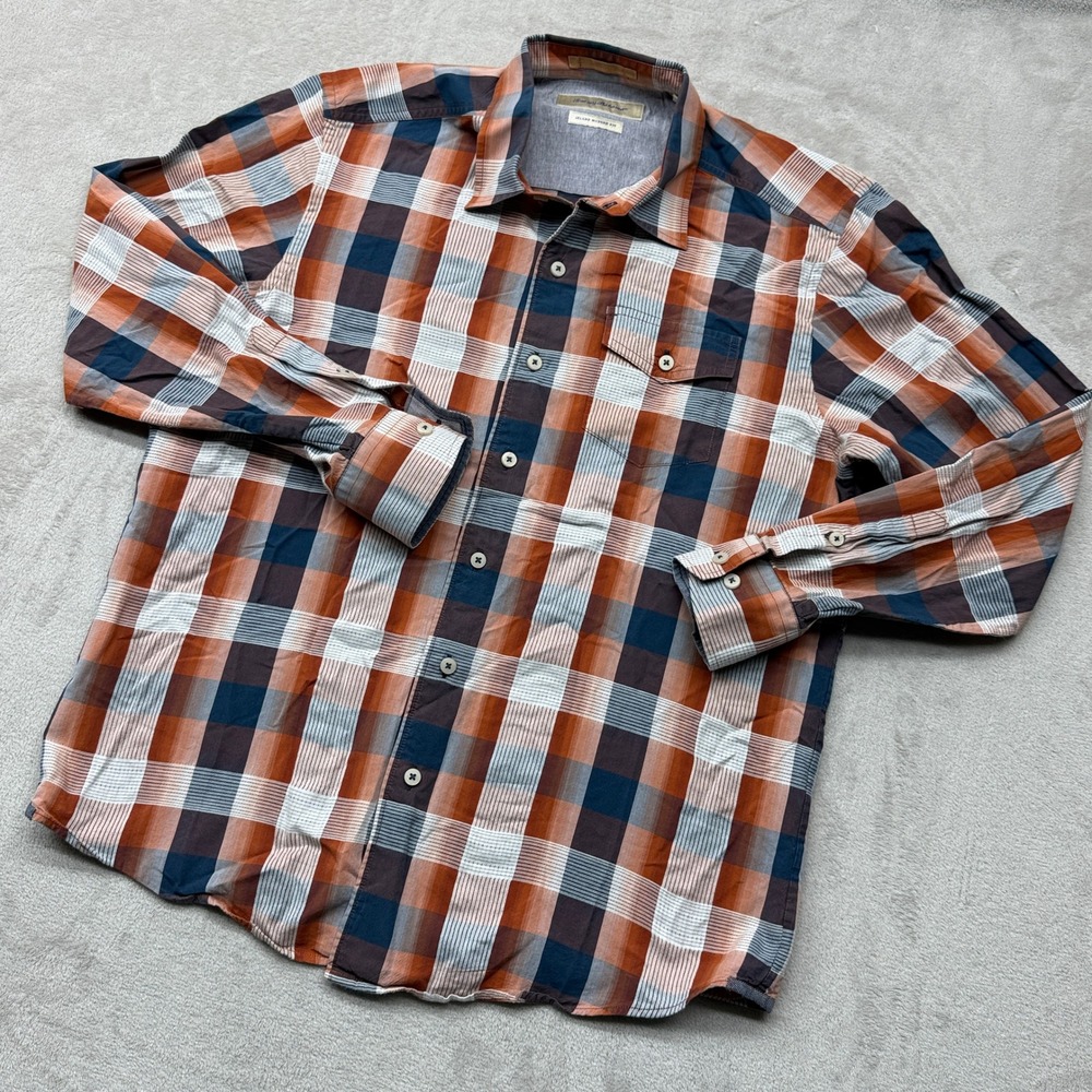 Tommy Bahama Button Down Shirt Mens Medium Orange Plaid Cotton Silk Modern Fit